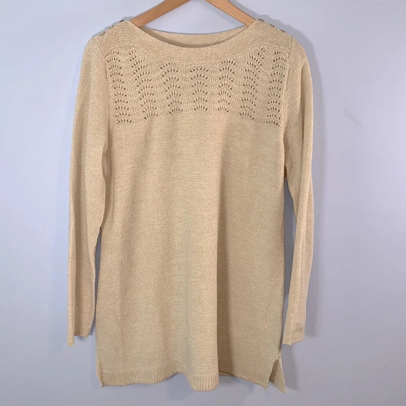 Croft & barrow size lrg tan oatmeal open work knit sweater boat scoop neck long - Picture 1 of 9